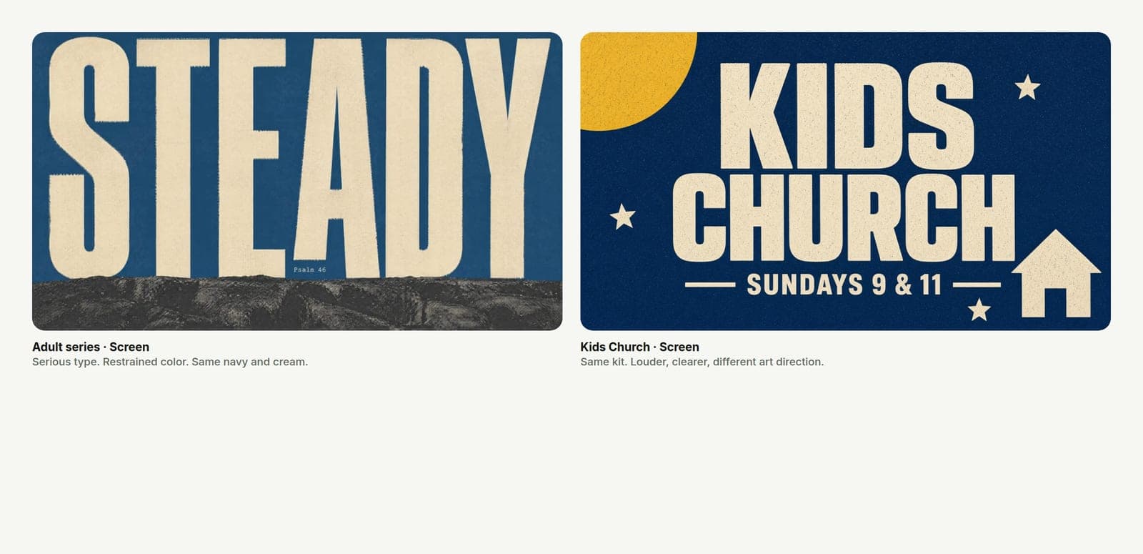 Adult Steady series screen next to a louder Kids Church graphic in the same navy and cream