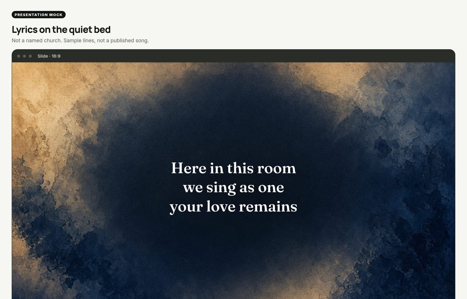 Presentation mock with sample white lyrics readable over the quiet Abide background. Not a named church.