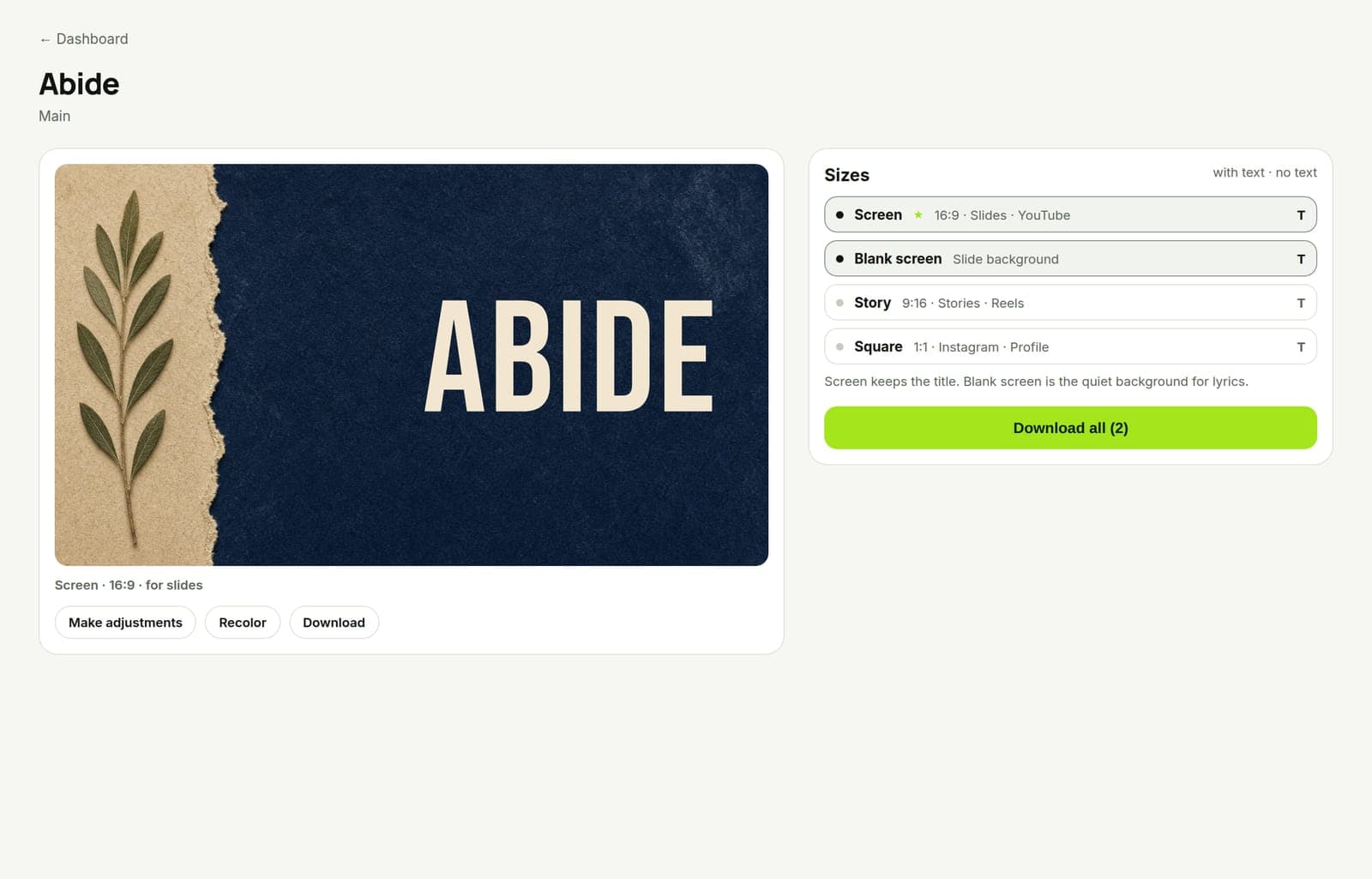 Church Graphics project titled Abide, with the screen title and a blank screen background ready in one project