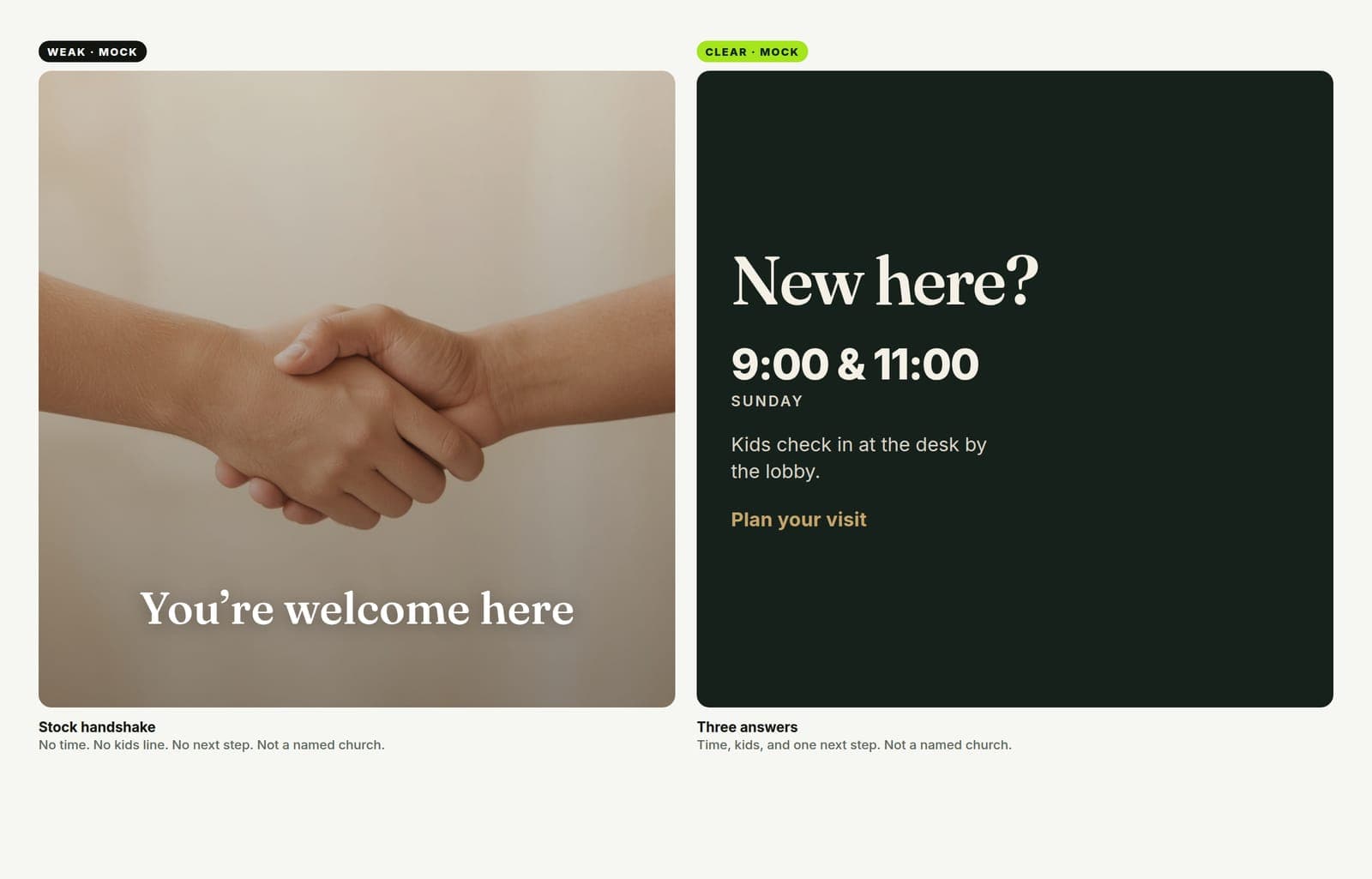 Mock comparison: a handshake graphic that only says You’re welcome here, next to a New here post with Sunday times, a kids line, and Plan your visit
