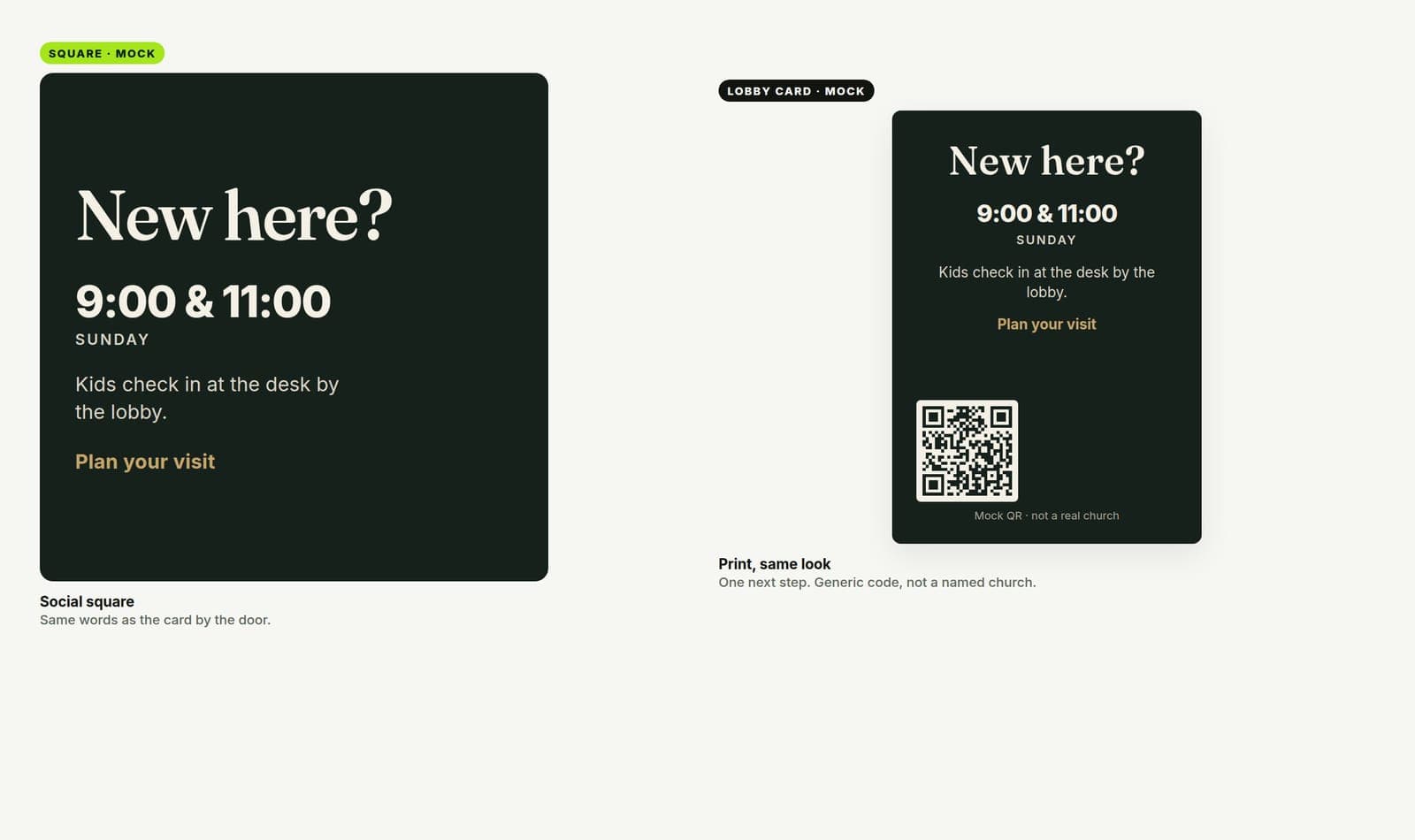 Mock of the same New here look as a social square and as a lobby card with a sample QR code, not a named church