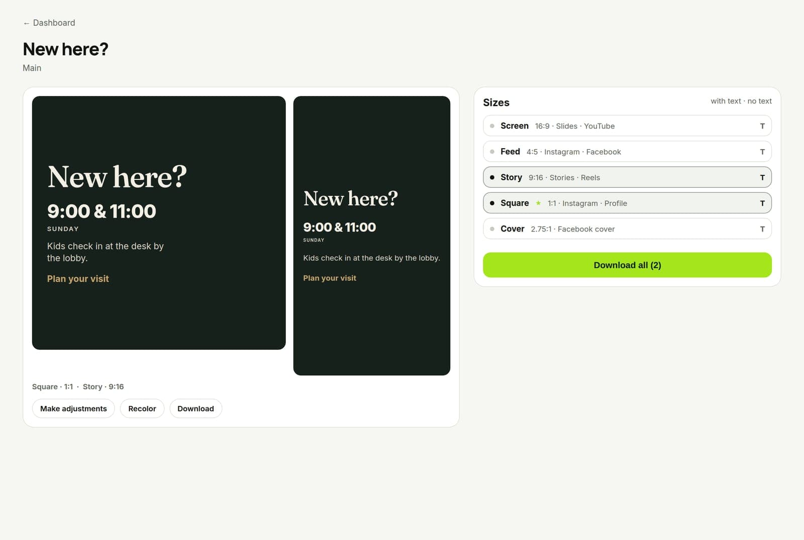 Church Graphics project titled New here, with the square and the story ready from the same look