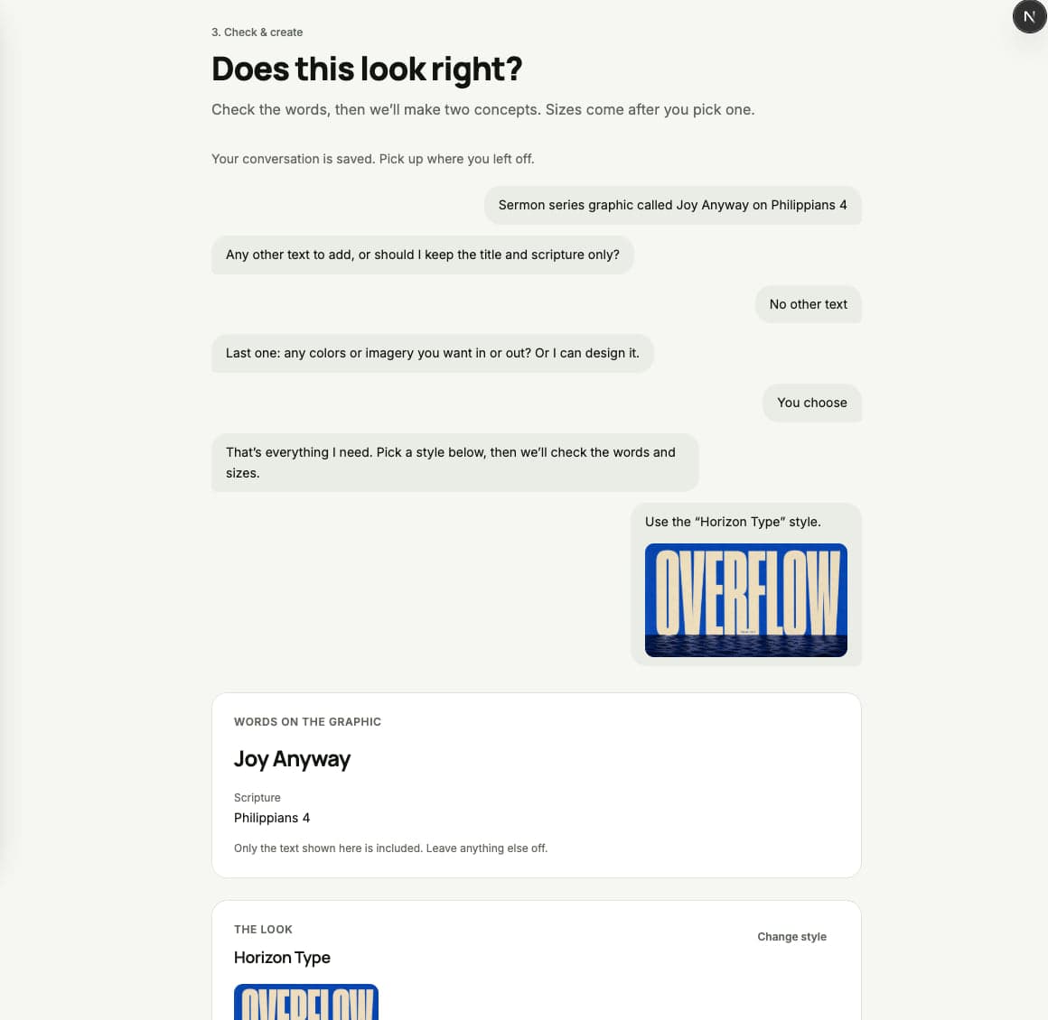 The Does this look right screen showing the words on the graphic, the chosen style, and the full design direction