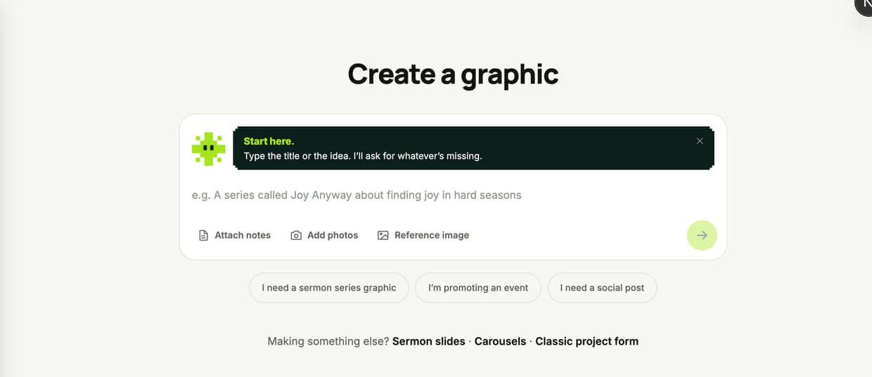 The Create a graphic screen — a single box that says: type the title or the idea, I'll ask for whatever's missing