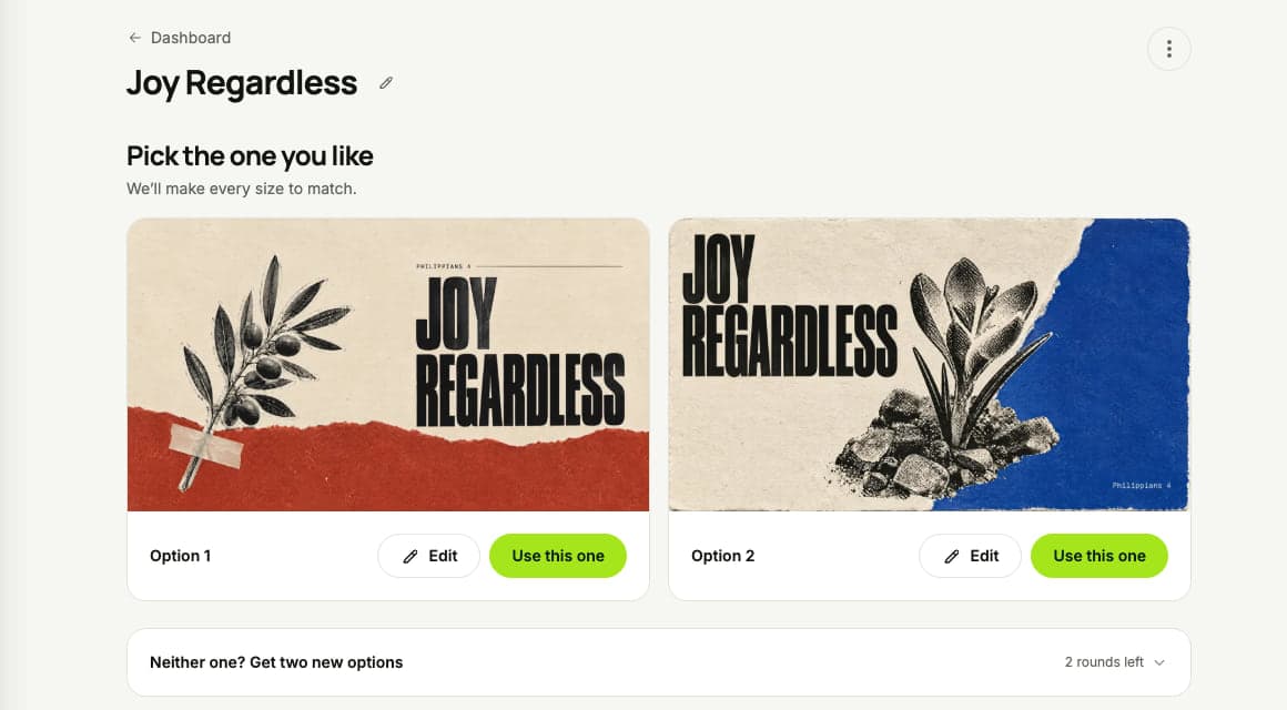 Two finished concepts for the same sermon series, each with an Edit and a Use this one button