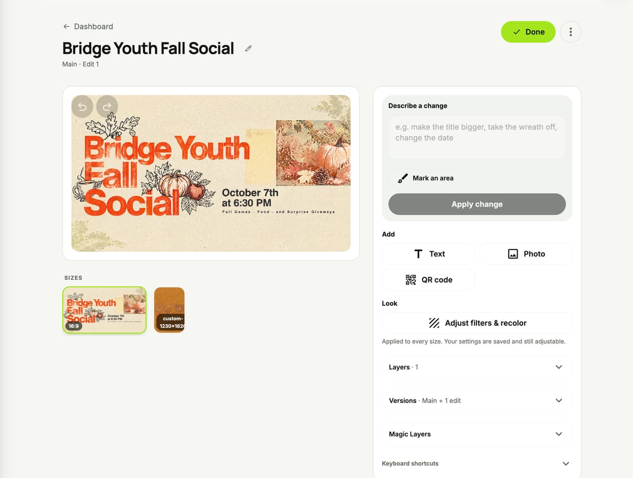 The project page in edit mode with a Describe a change box, Mark an area, and buttons to add text, a photo, or a QR code