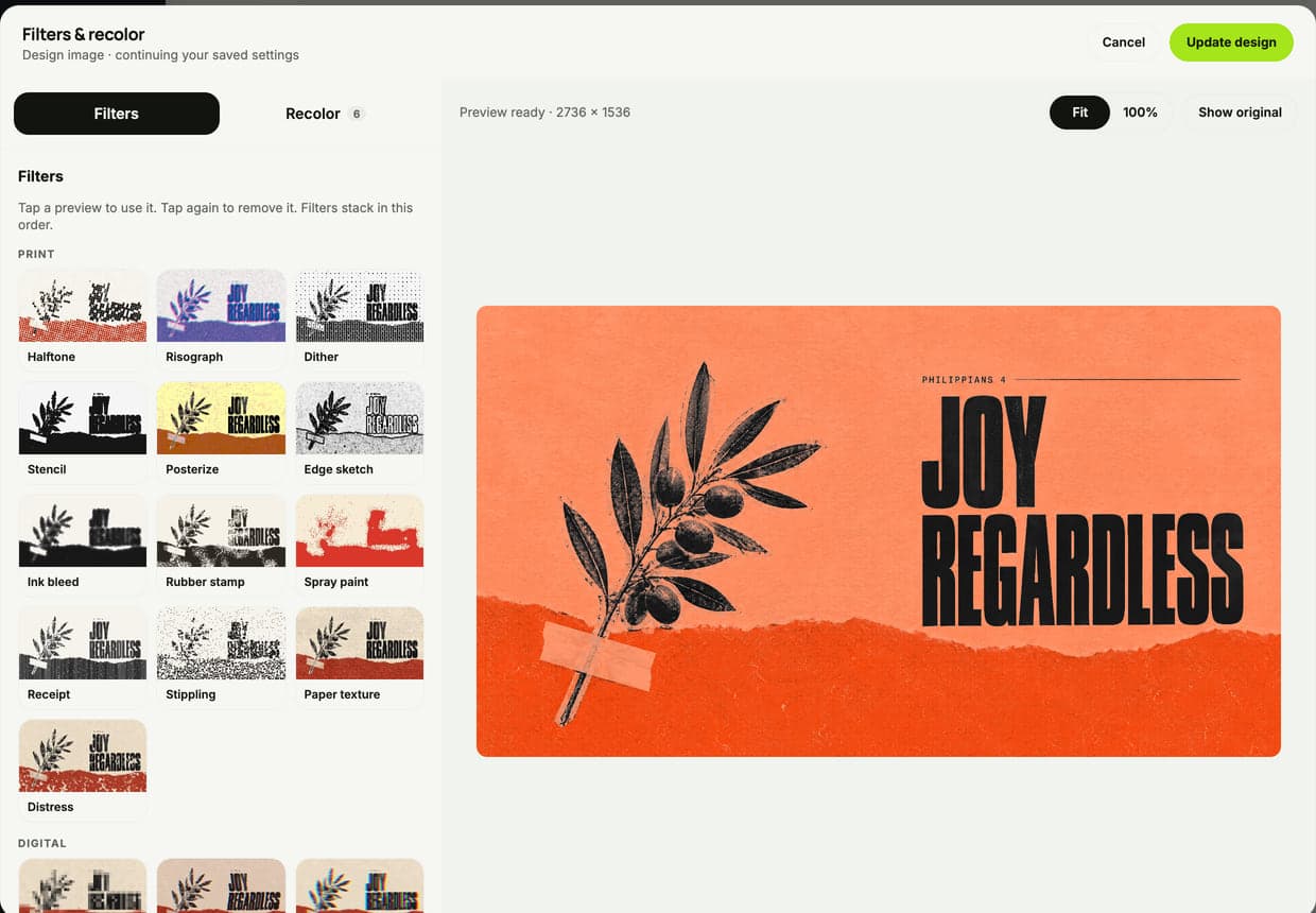 The Filters and recolor dialog — a grid of filter thumbnails, each a preview of the user's own graphic