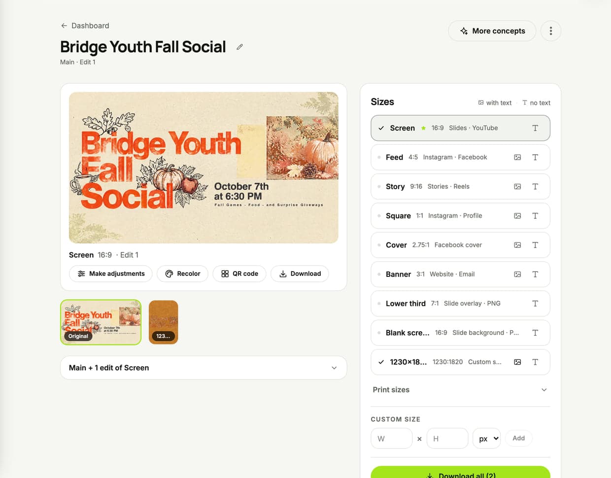 The project page with the finished graphic on the left and a Sizes list on the right